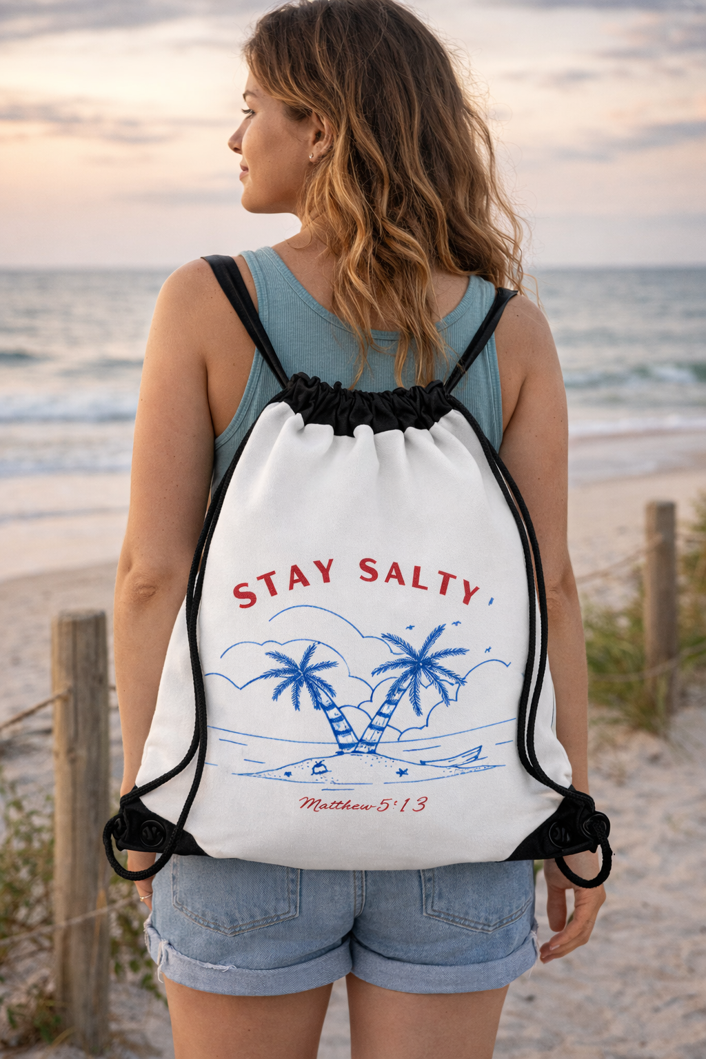 Stay Salty Drawstring Bag, Beach Gear, Vacation Accessories, Gym Sack, Gift for Travelers, Summer Tote Palm Tree Design & Matthew 5:13