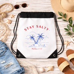 Stay Salty Drawstring Bag, Beach Gear, Vacation Accessories, Gym Sack, Gift for Travelers, Summer Tote Palm Tree Design & Matthew 5:13