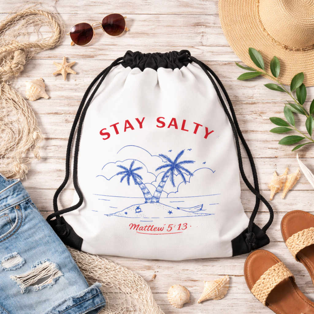 Stay Salty Drawstring Bag, Beach Gear, Vacation Accessories, Gym Sack, Gift for Travelers, Summer Tote Palm Tree Design & Matthew 5:13